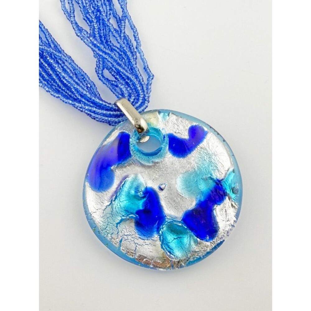 Vibrant Murano-style Blue Art Glass Pendant Multi-Strand Seed Bead Necklace